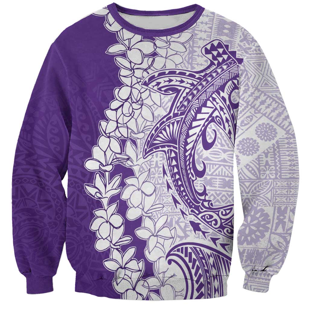Polynesian Purple Plumeria Lei Sweatshirt with Hammerhead Shark