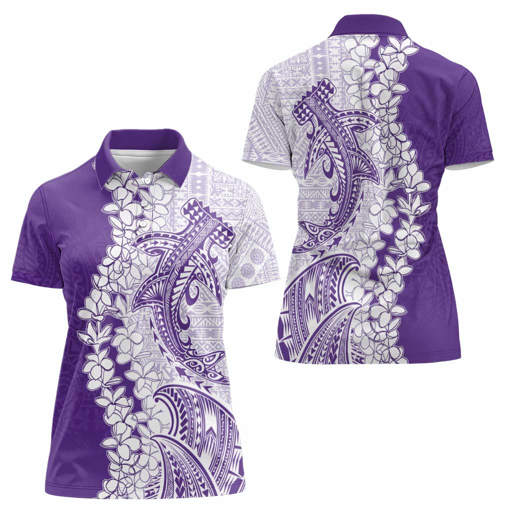 Polynesian Purple Plumeria Lei Women Polo Shirt with Hammerhead Shark
