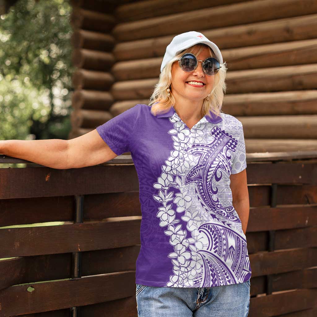 Polynesian Purple Plumeria Lei Women Polo Shirt with Hammerhead Shark