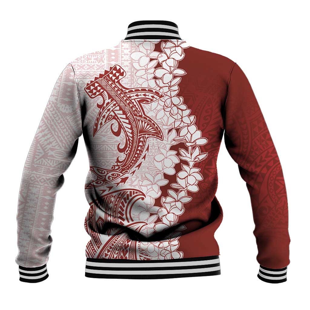 Polynesian Crimson Plumeria Lei Baseball Jacket with Hammerhead Shark