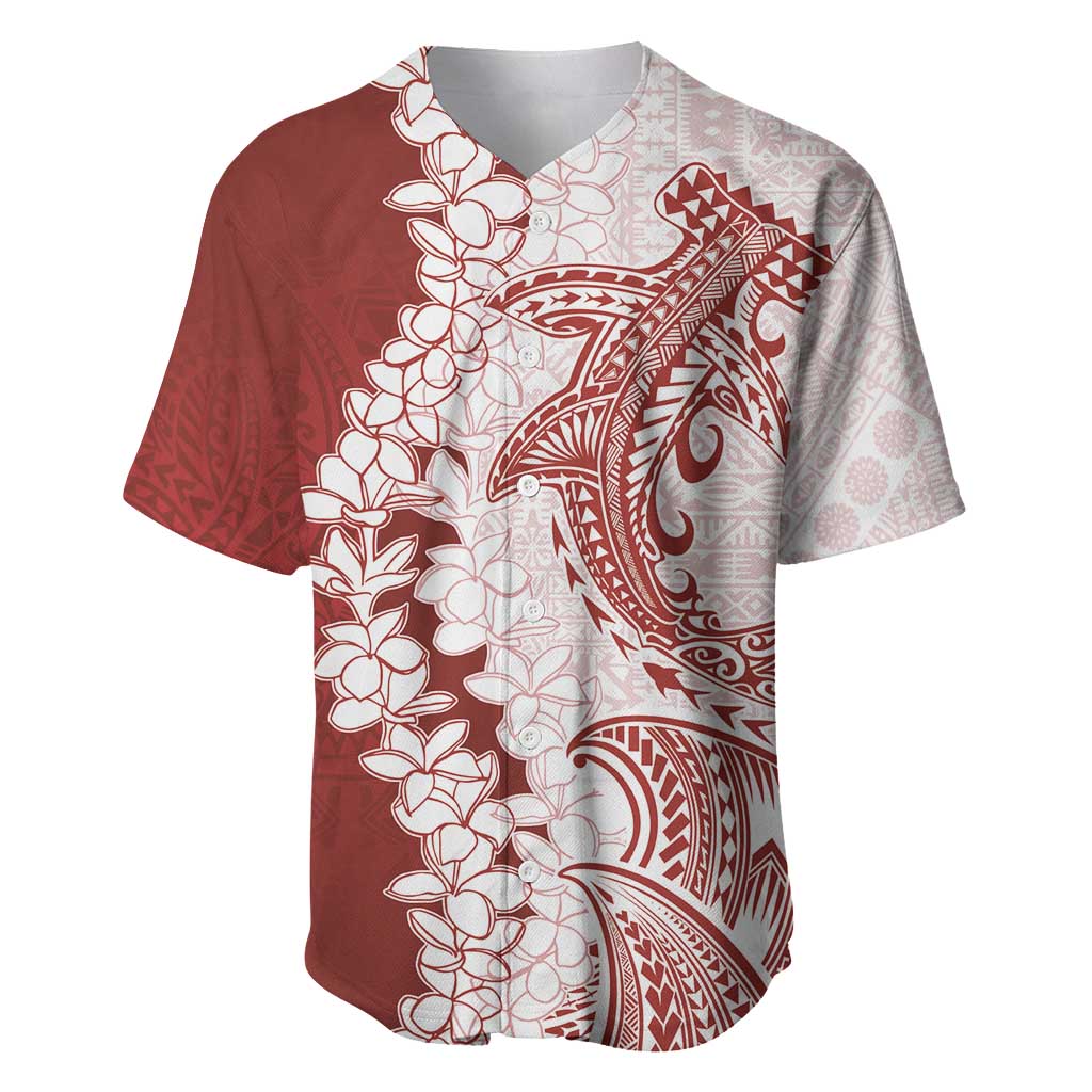 Polynesian Crimson Plumeria Lei Baseball Jersey with Hammerhead Shark