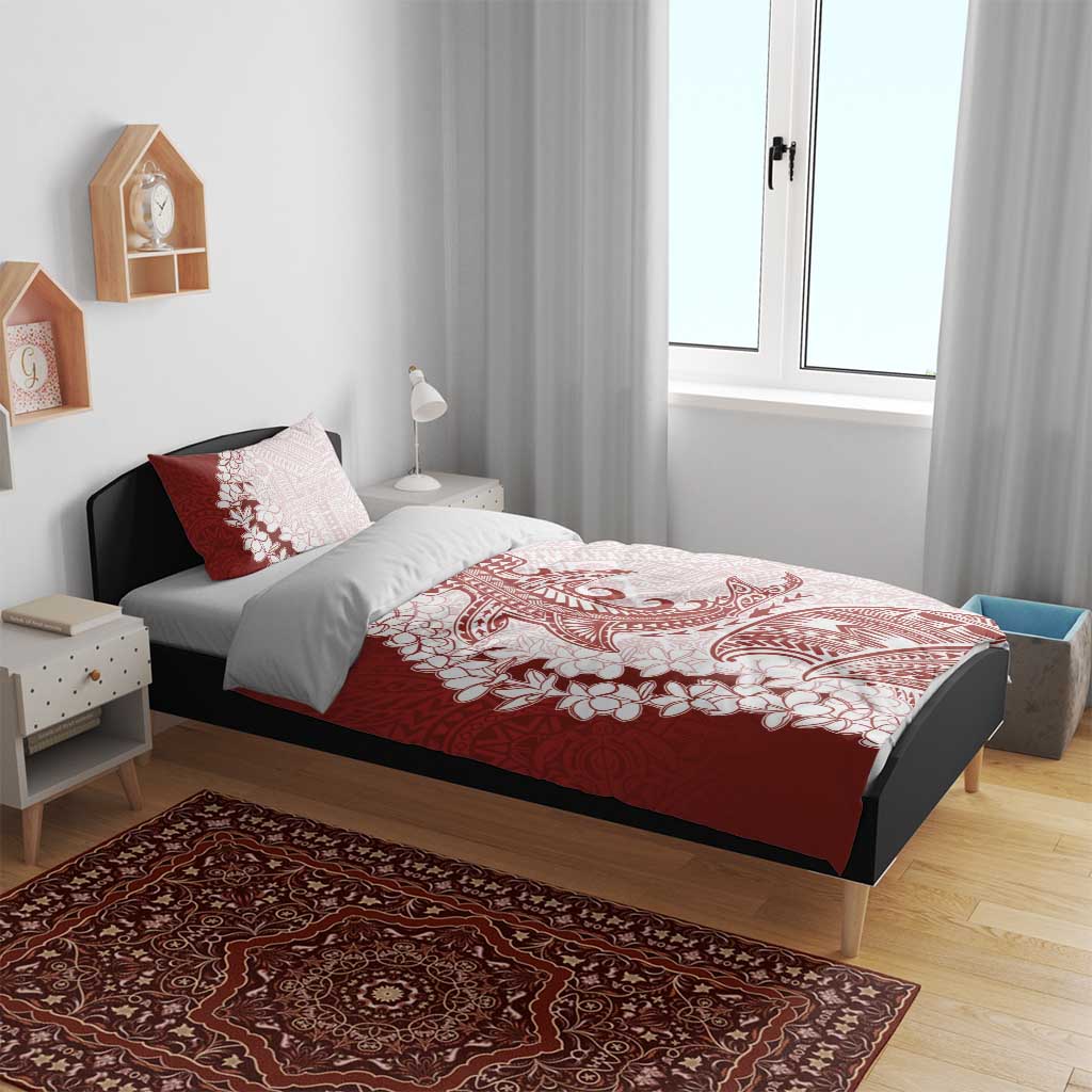 Polynesian Crimson Plumeria Lei Bedding Set with Hammerhead Shark