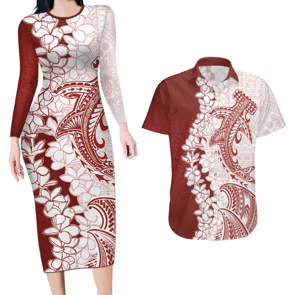 Polynesian Crimson Plumeria Lei Couples Matching Long Sleeve Bodycon Dress and Hawaiian Shirt with Hammerhead Shark