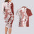 Polynesian Crimson Plumeria Lei Couples Matching Long Sleeve Bodycon Dress and Hawaiian Shirt with Hammerhead Shark