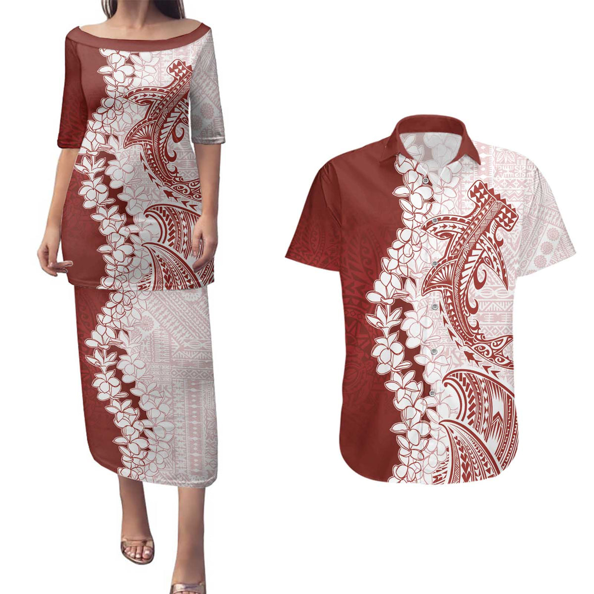 Polynesian Crimson Plumeria Lei Couples Matching Puletasi and Hawaiian Shirt with Hammerhead Shark