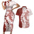 Polynesian Crimson Plumeria Lei Couples Matching Short Sleeve Bodycon Dress and Hawaiian Shirt with Hammerhead Shark