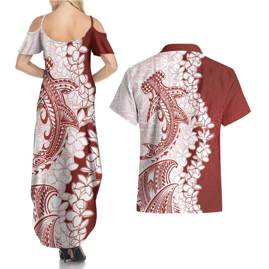 Polynesian Crimson Plumeria Lei Couples Matching Summer Maxi Dress and Hawaiian Shirt with Hammerhead Shark