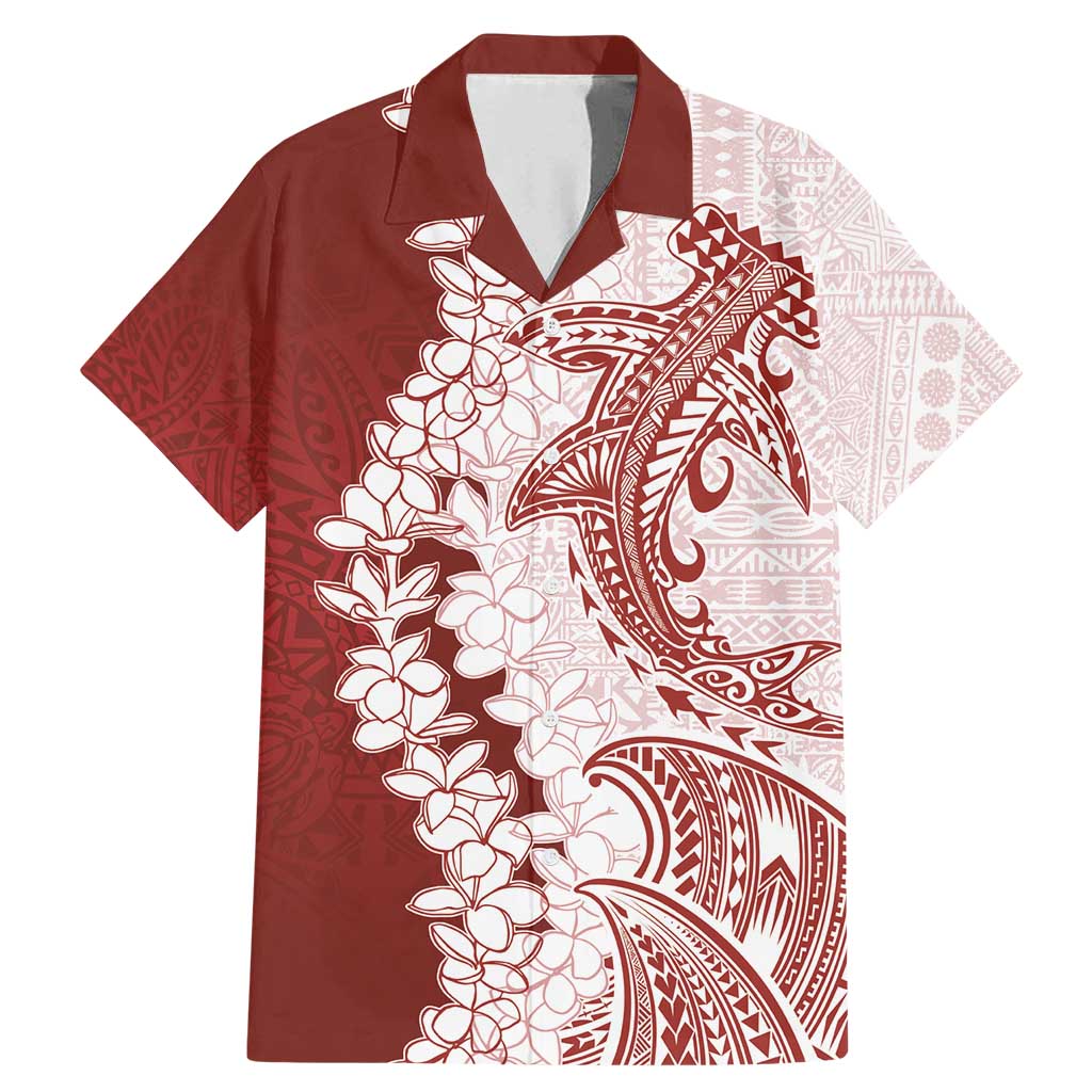 Polynesian Crimson Plumeria Lei Family Matching Mermaid Dress and Hawaiian Shirt with Hammerhead Shark