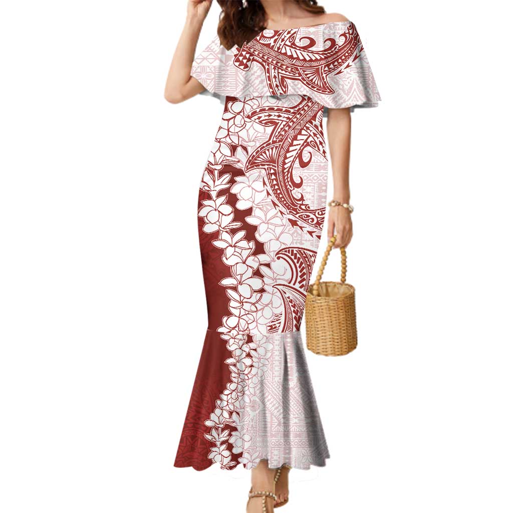 Polynesian Crimson Plumeria Lei Family Matching Mermaid Dress and Hawaiian Shirt with Hammerhead Shark