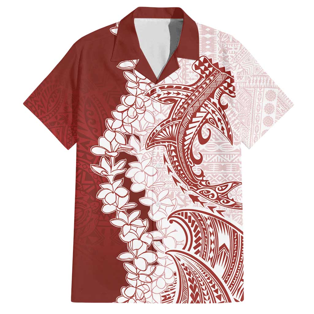 Polynesian Crimson Plumeria Lei Family Matching Off Shoulder Maxi Dress and Hawaiian Shirt with Hammerhead Shark