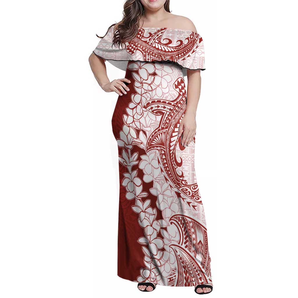 Polynesian Crimson Plumeria Lei Family Matching Off Shoulder Maxi Dress and Hawaiian Shirt with Hammerhead Shark