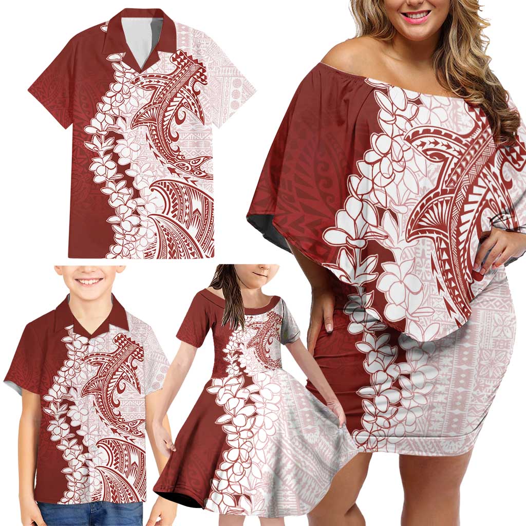 Polynesian Crimson Plumeria Lei Family Matching Off Shoulder Short Dress and Hawaiian Shirt with Hammerhead Shark
