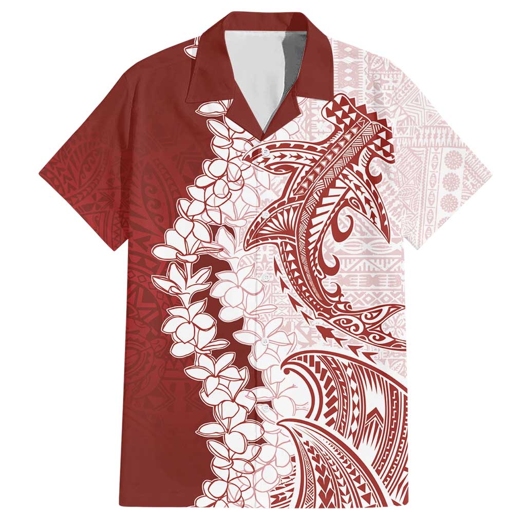 Polynesian Crimson Plumeria Lei Hawaiian Shirt with Hammerhead Shark