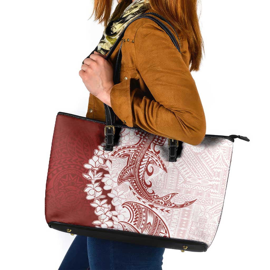 Polynesian Crimson Plumeria Lei Leather Tote Bag with Hammerhead Shark