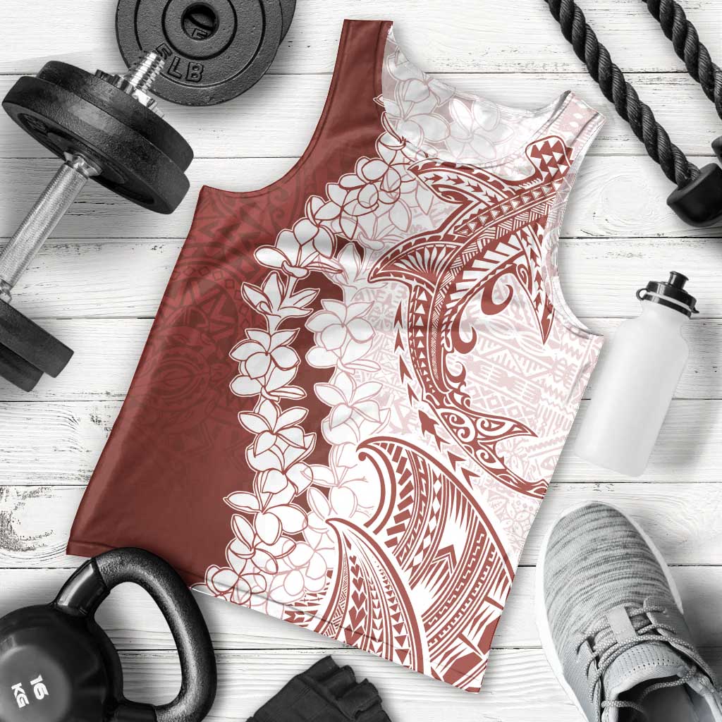 Polynesian Crimson Plumeria Lei Men Tank Top with Hammerhead Shark