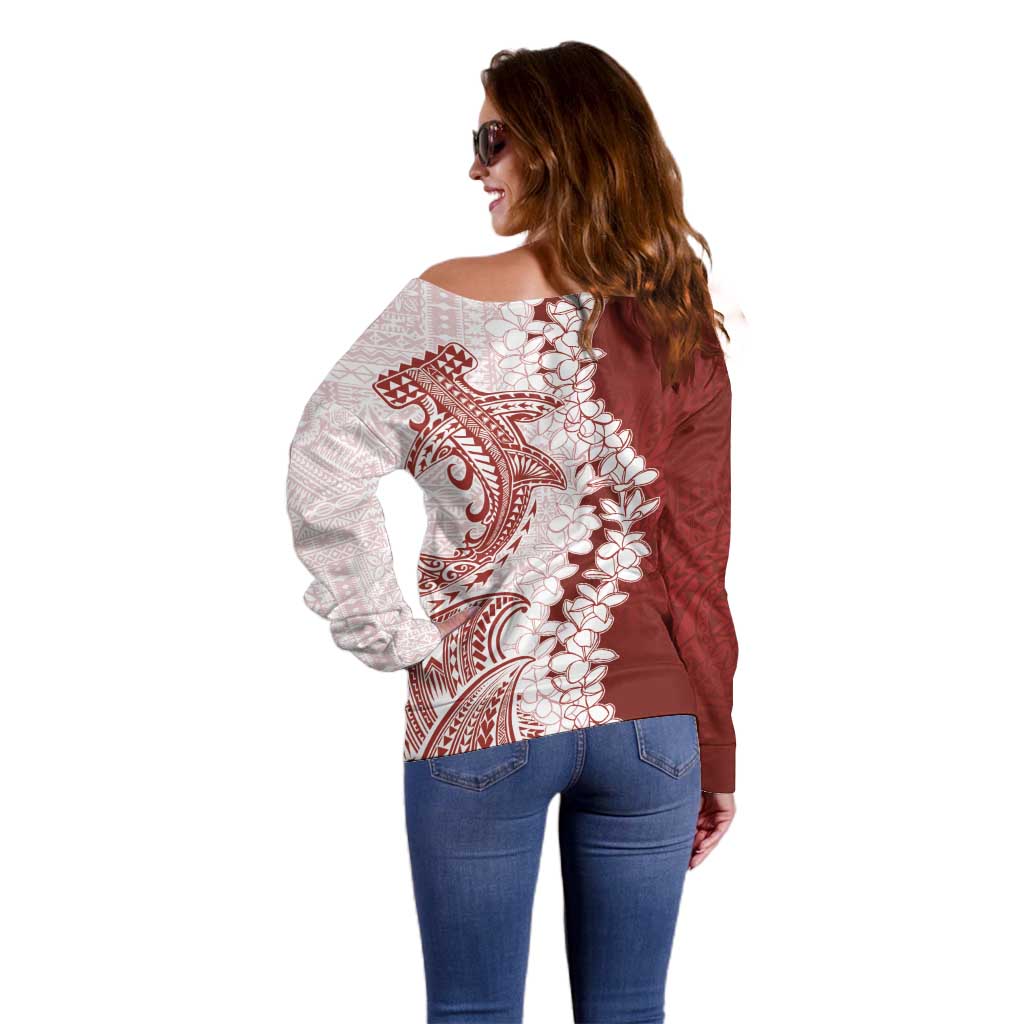 Polynesian Crimson Plumeria Lei Off Shoulder Sweater with Hammerhead Shark