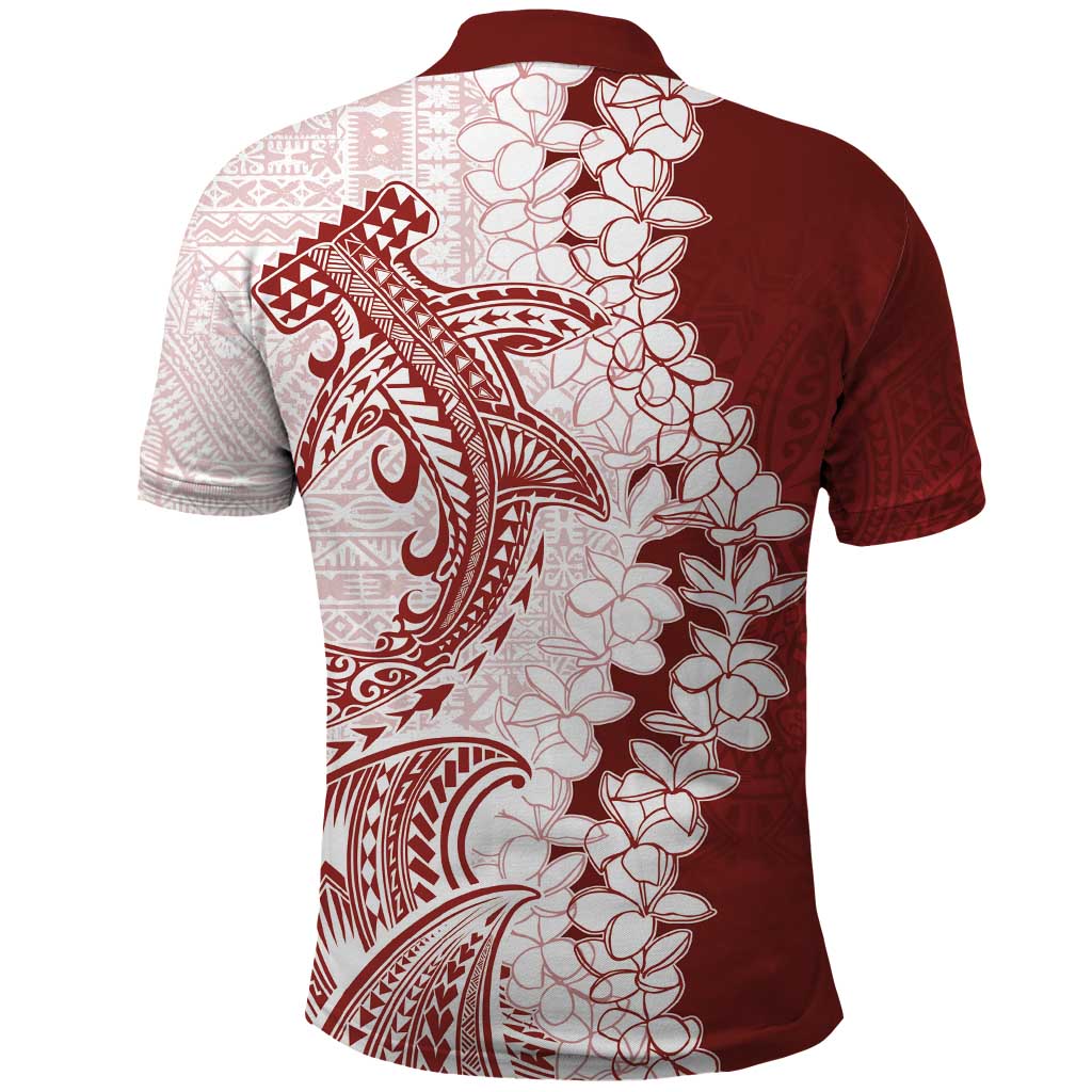 Polynesian Crimson Plumeria Lei Polo Shirt with Hammerhead Shark