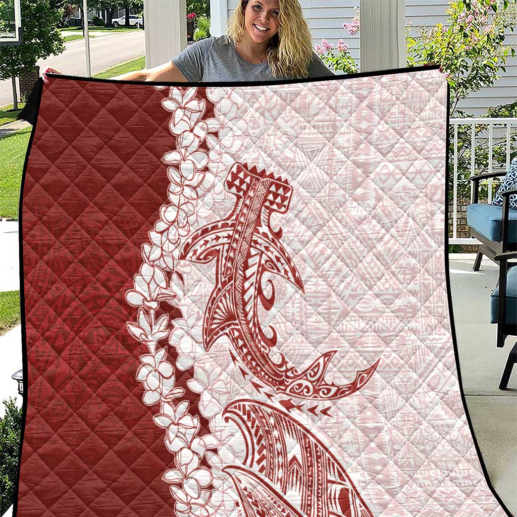 Polynesian Crimson Plumeria Lei Quilt with Hammerhead Shark LT7 Red - Polynesian Pride