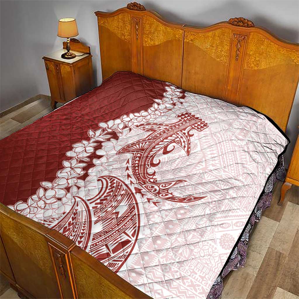 Polynesian Crimson Plumeria Lei Quilt with Hammerhead Shark