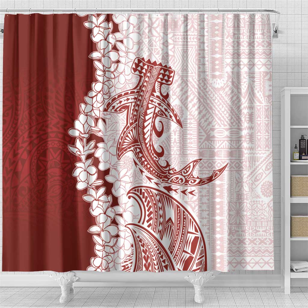 Polynesian Crimson Plumeria Lei Shower Curtain with Hammerhead Shark