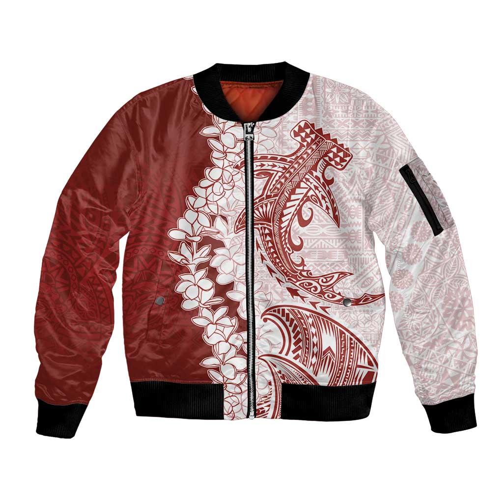 Polynesian Crimson Plumeria Lei Sleeve Zip Bomber Jacket with Hammerhead Shark