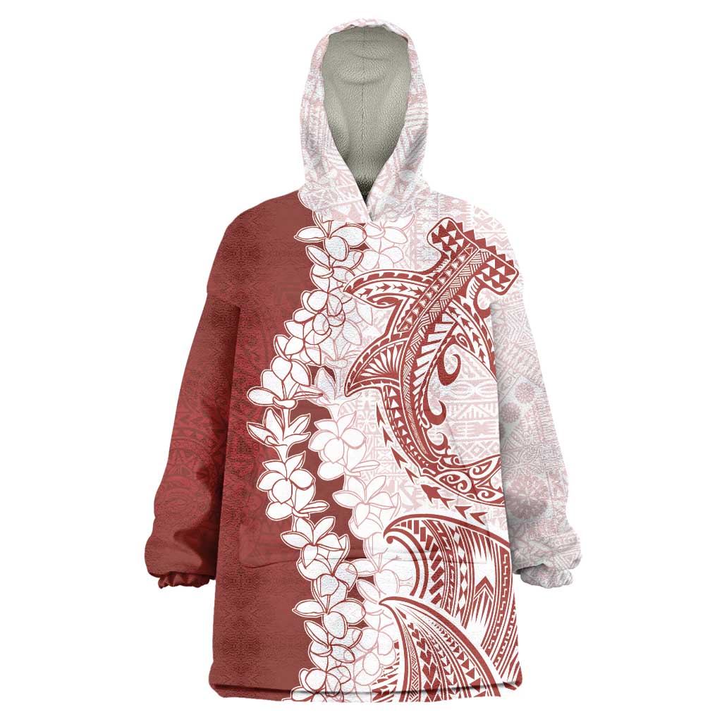 Polynesian Crimson Plumeria Lei Wearable Blanket Hoodie with Hammerhead Shark