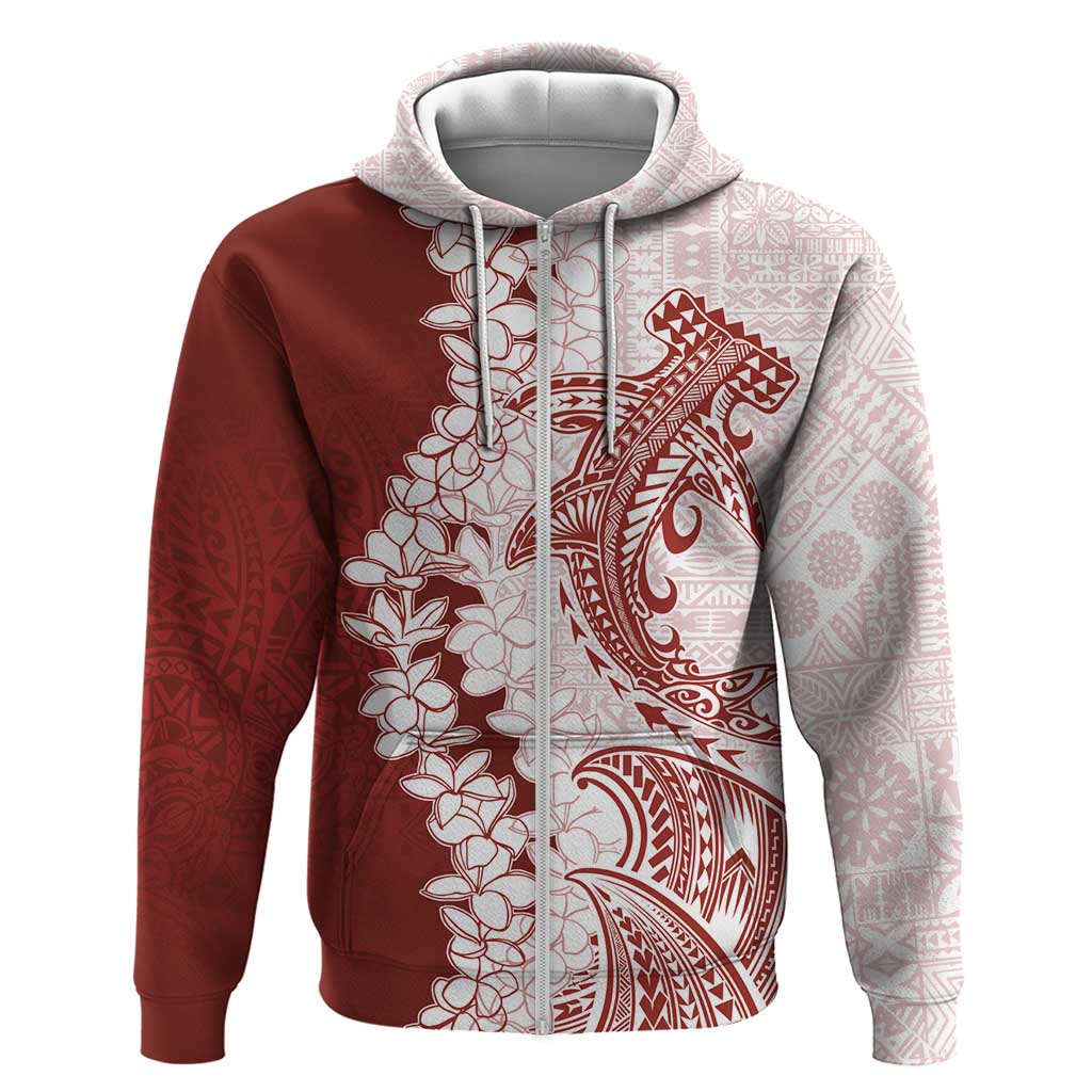 Polynesian Crimson Plumeria Lei Zip Hoodie with Hammerhead Shark LT7 Zip Hoodie Red - Polynesian Pride
