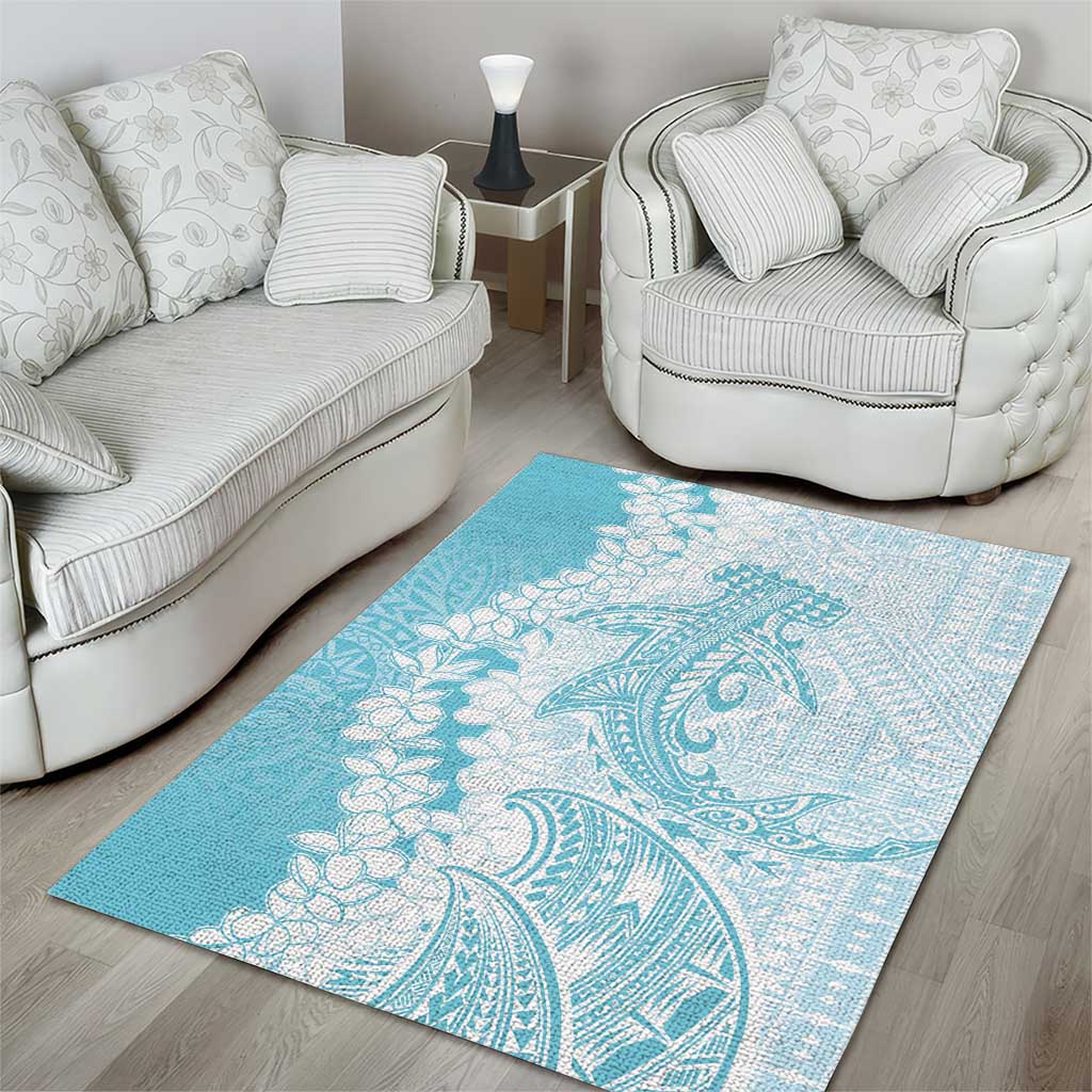 Polynesian Turquoise Plumeria Lei Area Rug with Hammerhead Shark