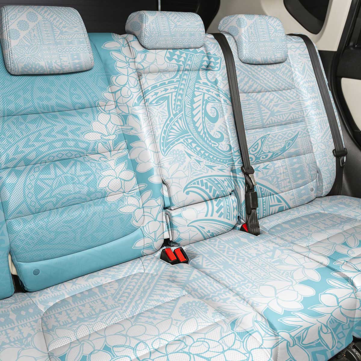 Polynesian Turquoise Plumeria Lei Back Car Seat Cover with Hammerhead Shark