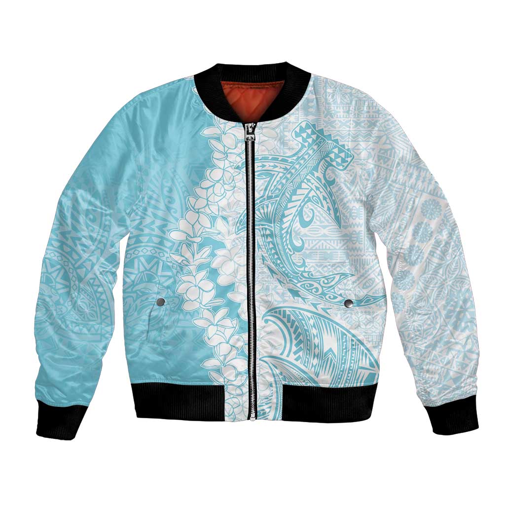 Polynesian Turquoise Plumeria Lei Bomber Jacket with Hammerhead Shark