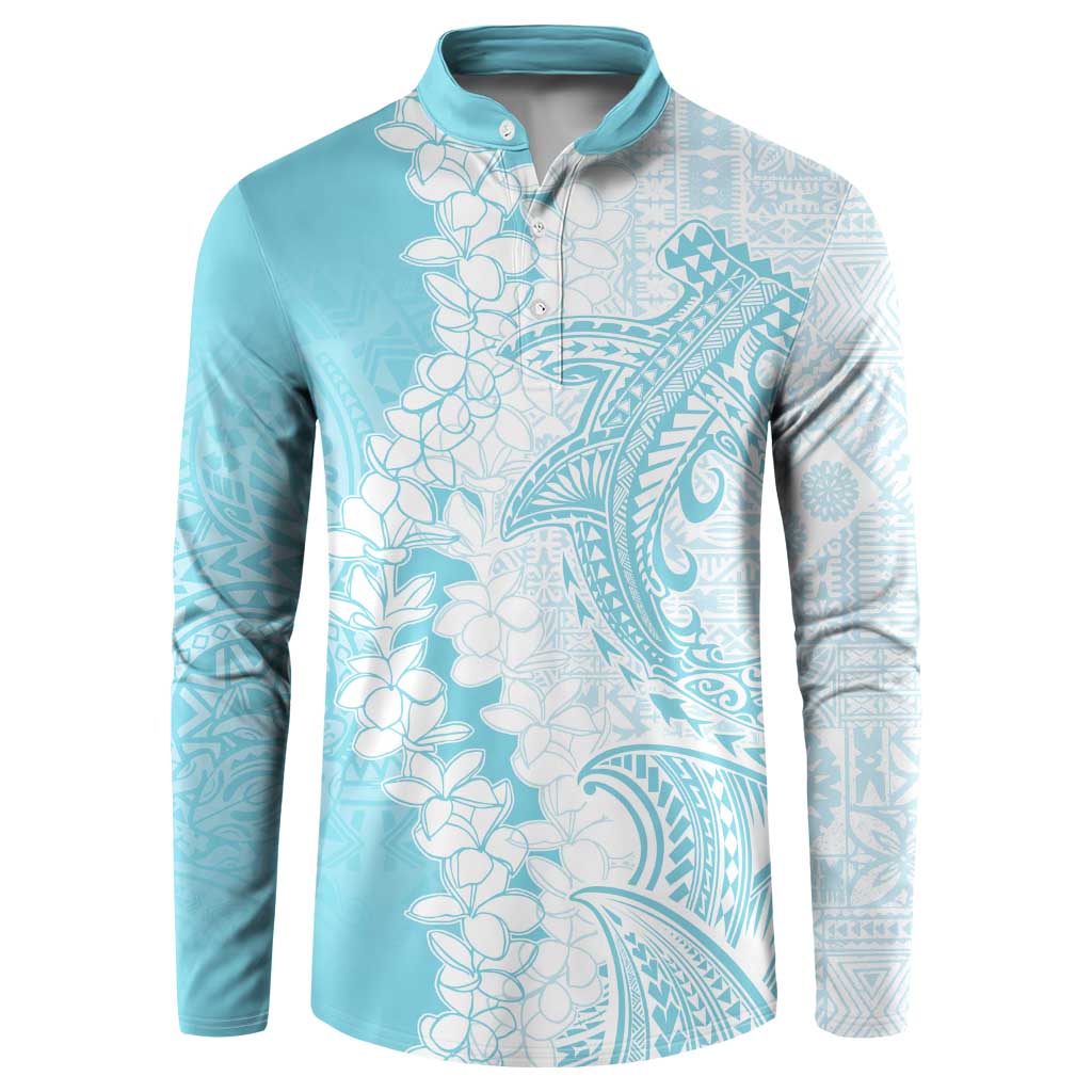 Polynesian Turquoise Plumeria Lei Button Sweatshirt with Hammerhead Shark