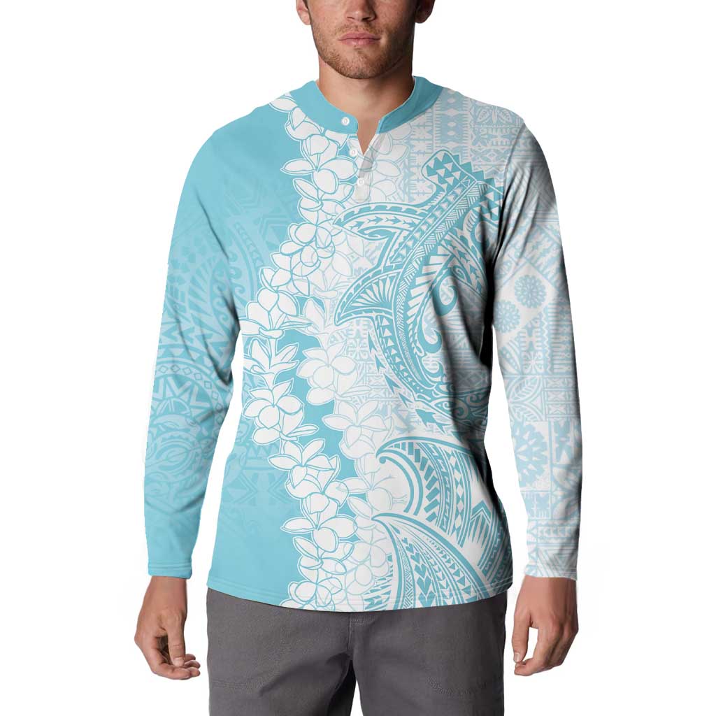 Polynesian Turquoise Plumeria Lei Button Sweatshirt with Hammerhead Shark