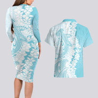 Polynesian Turquoise Plumeria Lei Couples Matching Long Sleeve Bodycon Dress and Hawaiian Shirt with Hammerhead Shark