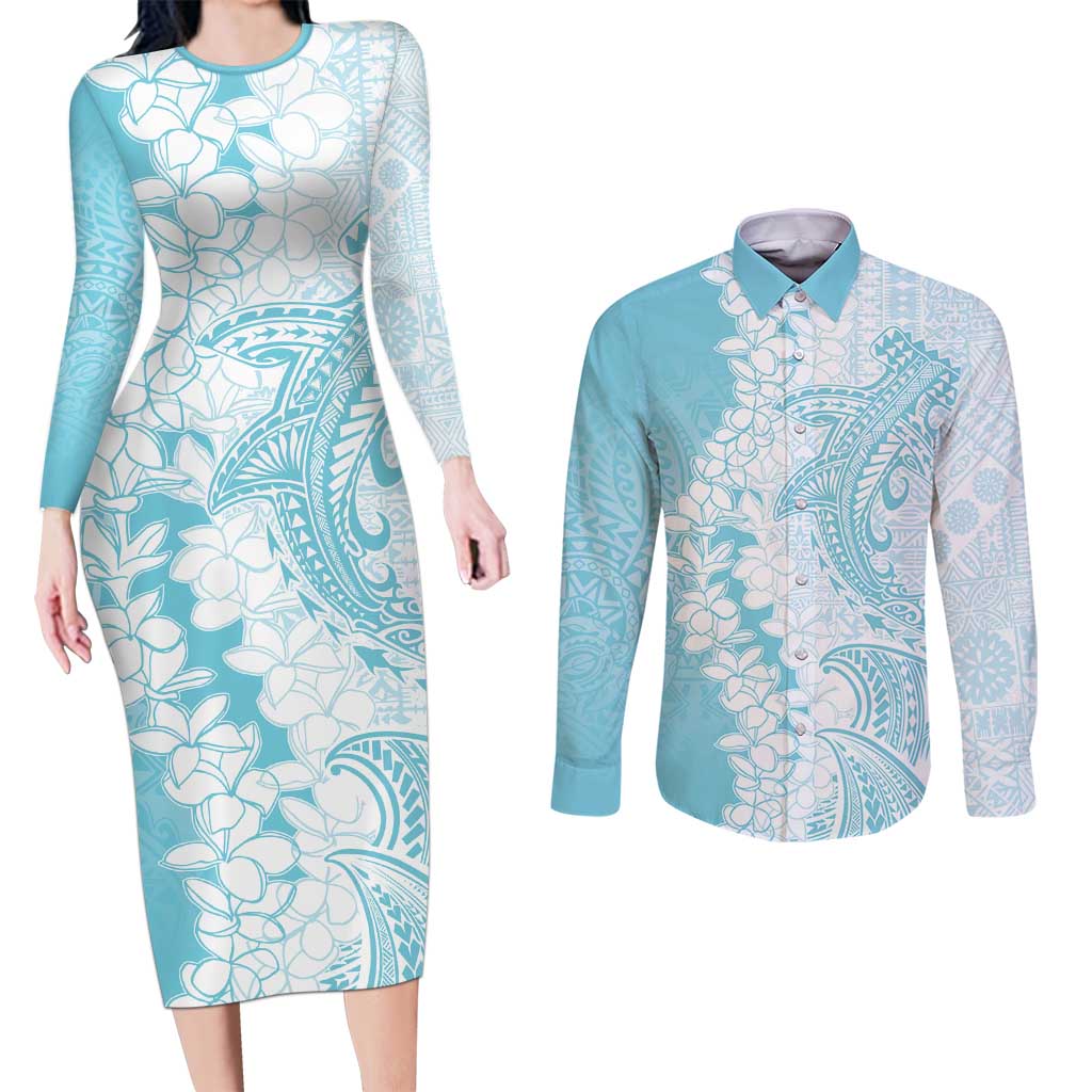 Polynesian Turquoise Plumeria Lei Couples Matching Long Sleeve Bodycon Dress and Long Sleeve Button Shirt with Hammerhead Shark