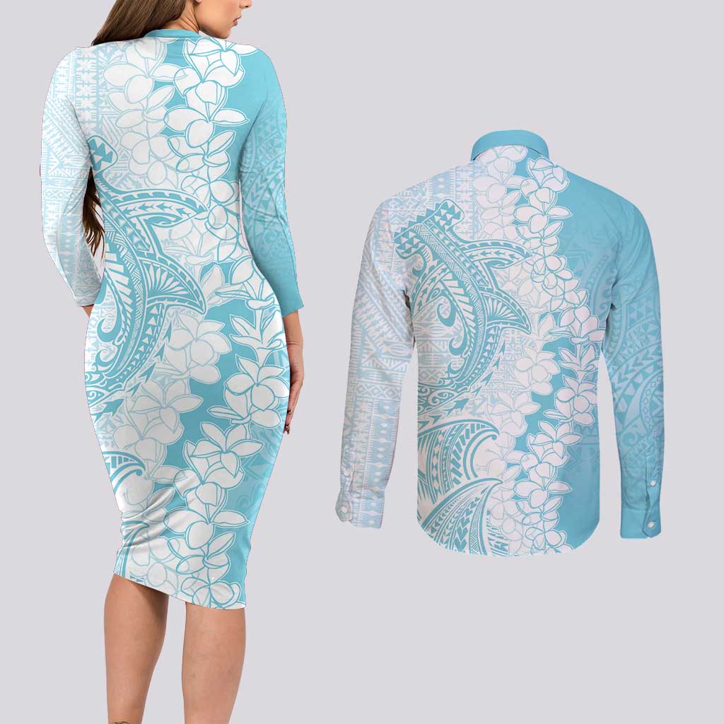 Polynesian Turquoise Plumeria Lei Couples Matching Long Sleeve Bodycon Dress and Long Sleeve Button Shirt with Hammerhead Shark
