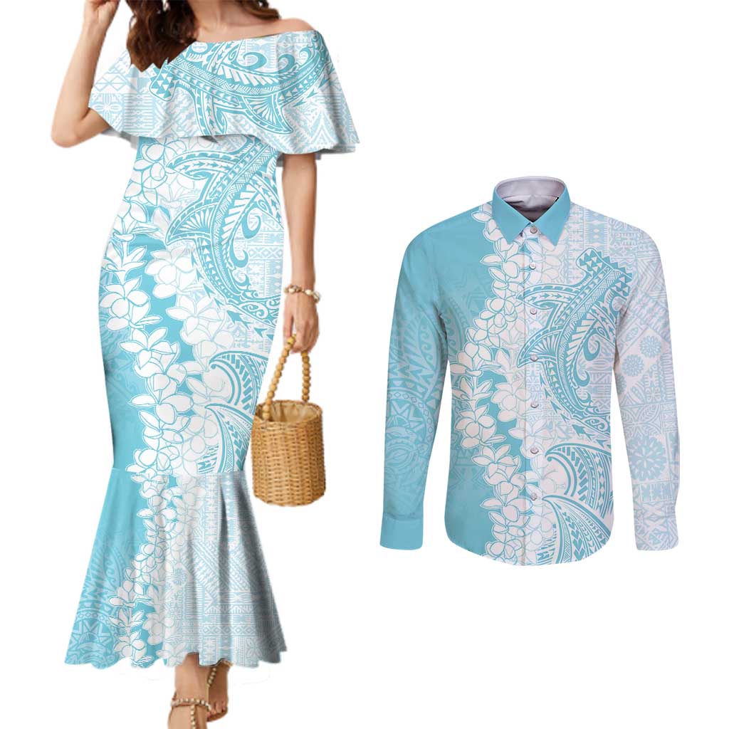 Polynesian Turquoise Plumeria Lei Couples Matching Mermaid Dress and Long Sleeve Button Shirt with Hammerhead Shark