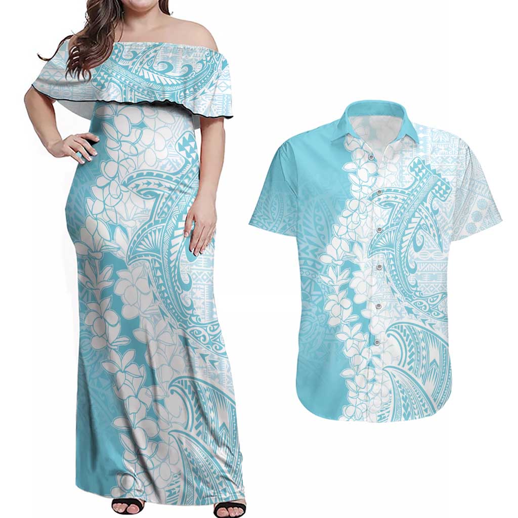 Polynesian Turquoise Plumeria Lei Couples Matching Off Shoulder Maxi Dress and Hawaiian Shirt with Hammerhead Shark