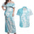 Polynesian Turquoise Plumeria Lei Couples Matching Off Shoulder Maxi Dress and Hawaiian Shirt with Hammerhead Shark