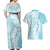 Polynesian Turquoise Plumeria Lei Couples Matching Off Shoulder Maxi Dress and Hawaiian Shirt with Hammerhead Shark