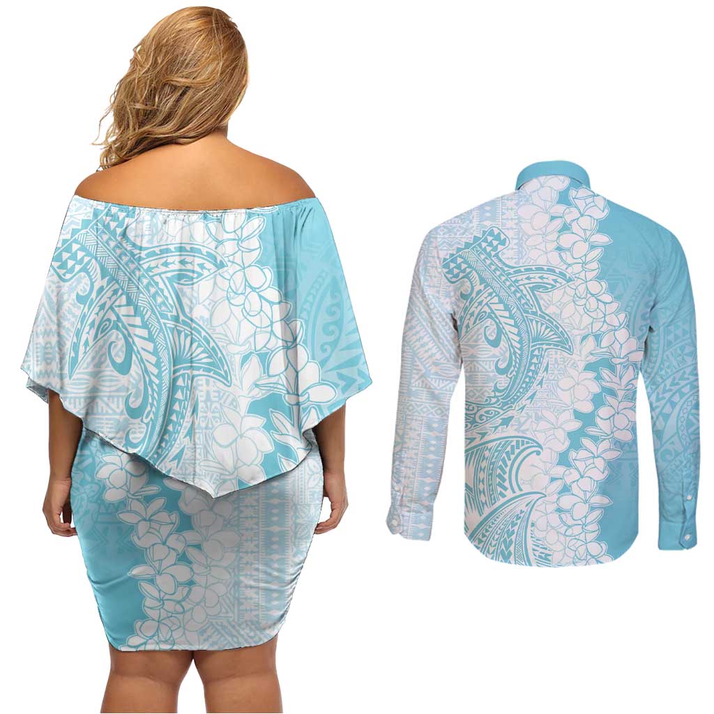 Polynesian Turquoise Plumeria Lei Couples Matching Off Shoulder Short Dress and Long Sleeve Button Shirt with Hammerhead Shark