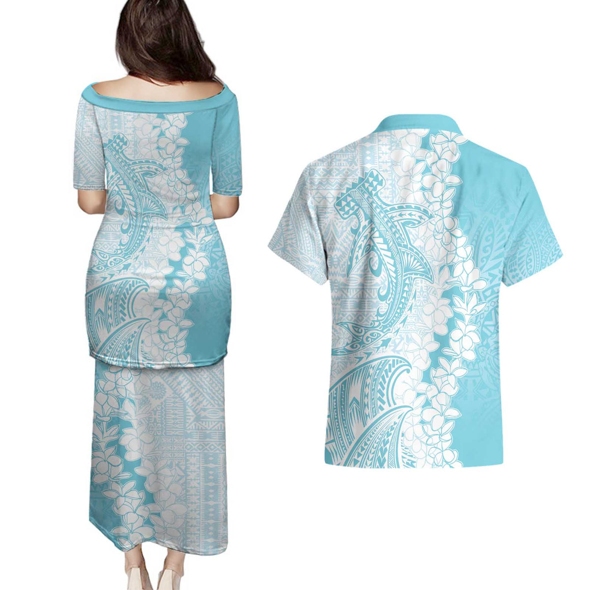 Polynesian Turquoise Plumeria Lei Couples Matching Puletasi and Hawaiian Shirt with Hammerhead Shark