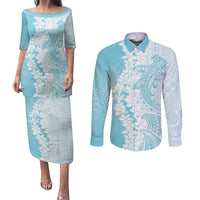 Polynesian Turquoise Plumeria Lei Couples Matching Puletasi and Long Sleeve Button Shirt with Hammerhead Shark