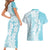 Polynesian Turquoise Plumeria Lei Couples Matching Short Sleeve Bodycon Dress and Hawaiian Shirt with Hammerhead Shark