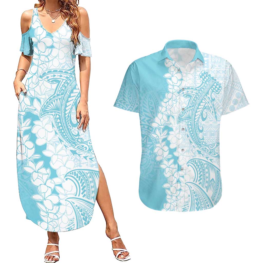 Polynesian Turquoise Plumeria Lei Couples Matching Summer Maxi Dress and Hawaiian Shirt with Hammerhead Shark