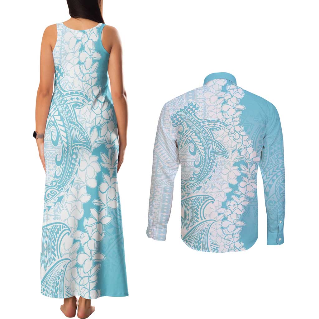 Polynesian Turquoise Plumeria Lei Couples Matching Tank Maxi Dress and Long Sleeve Button Shirt with Hammerhead Shark