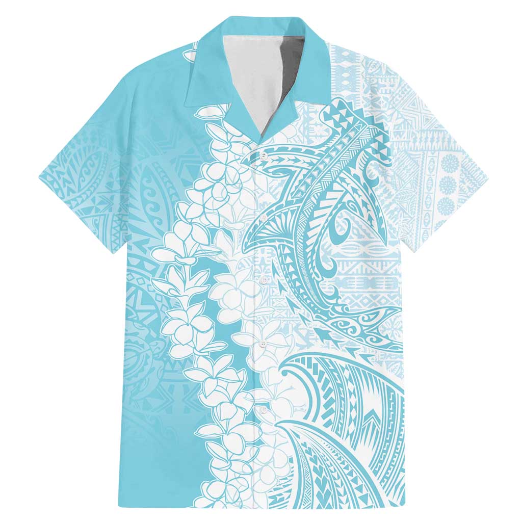 Polynesian Turquoise Plumeria Lei Family Matching Mermaid Dress and Hawaiian Shirt with Hammerhead Shark