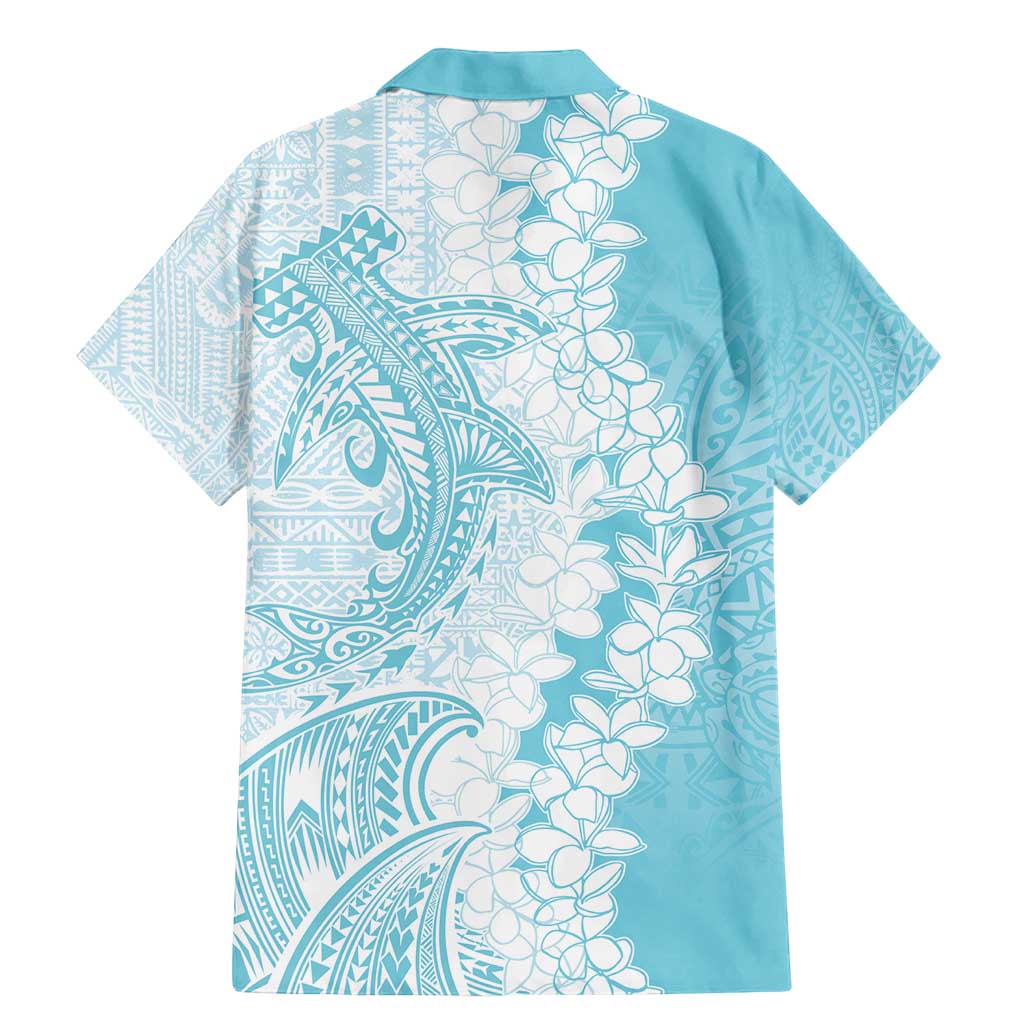 Polynesian Turquoise Plumeria Lei Family Matching Mermaid Dress and Hawaiian Shirt with Hammerhead Shark