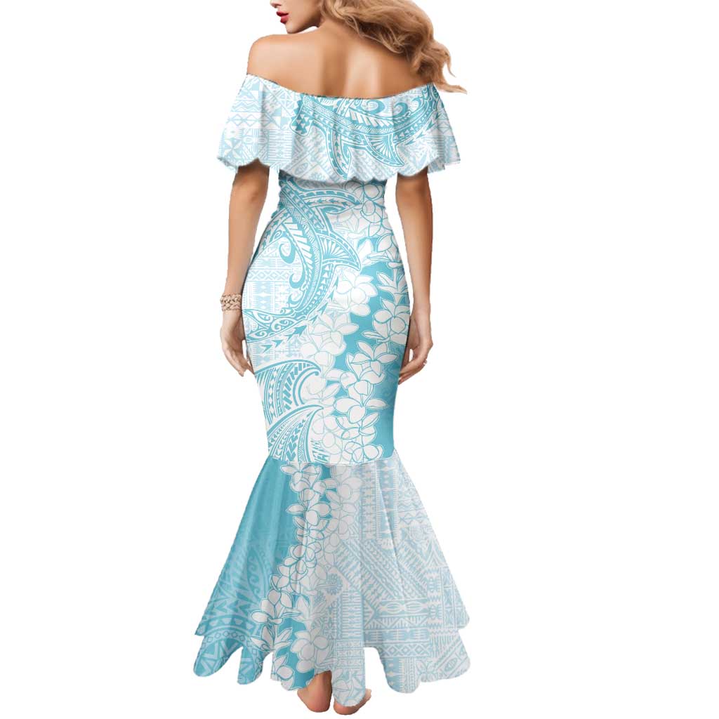 Polynesian Turquoise Plumeria Lei Family Matching Mermaid Dress and Hawaiian Shirt with Hammerhead Shark