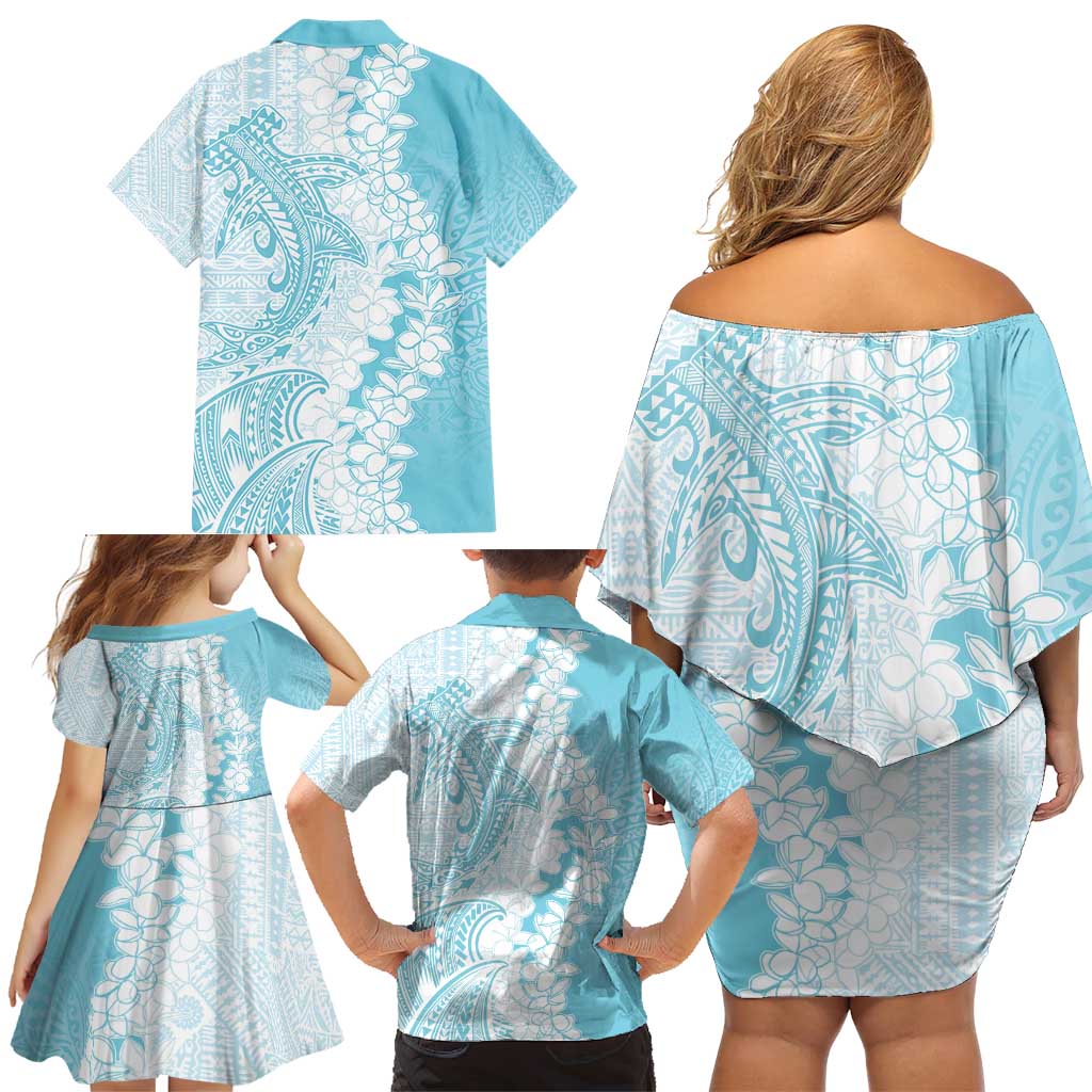 Polynesian Turquoise Plumeria Lei Family Matching Off Shoulder Short Dress and Hawaiian Shirt with Hammerhead Shark