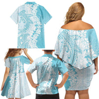 Polynesian Turquoise Plumeria Lei Family Matching Off Shoulder Short Dress and Hawaiian Shirt with Hammerhead Shark